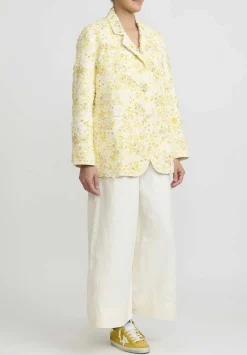 Péro Linen Hand Beaded And Embroidered Flower Jacket In Ivory White And Yellow