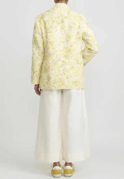 Péro Linen Hand Beaded And Embroidered Flower Jacket In Ivory White And Yellow