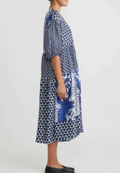 Biyan Multi Print Silk Tiered ''Langit'' Wrap Dress In Blue And White