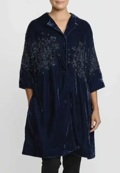 AODress Niwa Spray Beaded Velvet Cocoon Coat In Tanzanite Blue