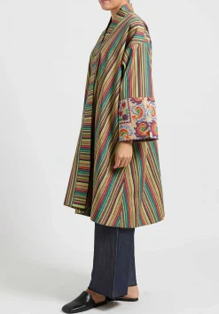 Rianna + Nina One-Of-A-Kind Silk Embroidered Cuff Coat In Green/Red Stripes