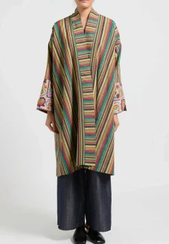Rianna + Nina One-Of-A-Kind Silk Embroidered Cuff Coat In Green/Red Stripes