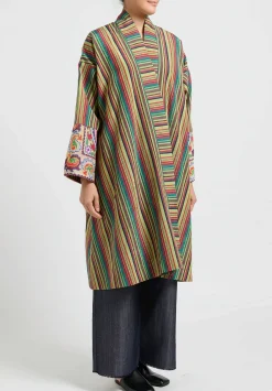 Rianna + Nina One-Of-A-Kind Silk Embroidered Cuff Coat In Green/Red Stripes
