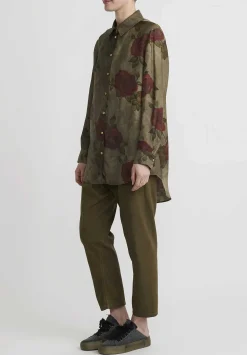 Uma Wang Rose Print ''Tyesha'' Shirt In Army Green And Red