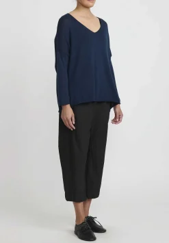 Album di Famiglia Serie Numerata Cotton Knit Scollo V-Neck Top In Navy Blue