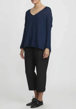 Album di Famiglia Serie Numerata Cotton Knit Scollo V-Neck Top In Navy Blue