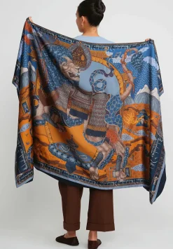 Sabina Savage Silk And Cashmere The Snow Lion Stole In Ice Blue And Fire