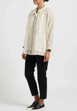 Péro Silk And Cotton Embroidered Band Collar Shirt In White