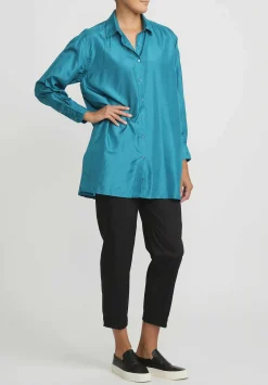 Péro Silk Button Down Shirt In Turquoise