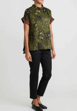 Biyan Silk ''Jaime'' Top In Olive Green & Terracotta Brown