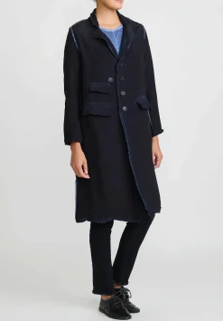 Umit Unal Silk Long Jacket With Feather In Navy Blue