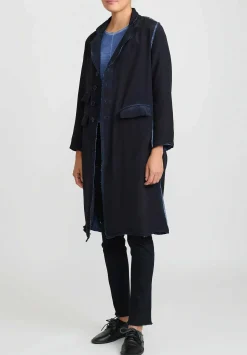 Umit Unal Silk Long Jacket With Feather In Navy Blue