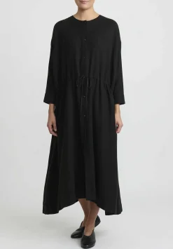 Kaval Silk Nel Twill Button Front Open Dress In Black