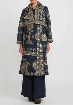 Biyan Silk Organza Embroidered Ratovina Light Trench Coat In Navy Blue