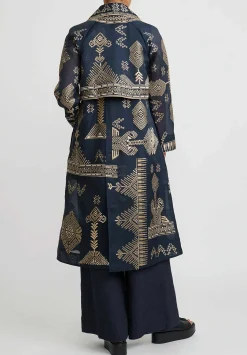 Biyan Silk Organza Embroidered Ratovina Light Trench Coat In Navy Blue