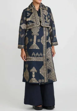 Biyan Silk Organza Embroidered Ratovina Light Trench Coat In Navy Blue