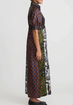 Biyan Silk Patchwork Print Midi Dress In Multicolor Navy Blue