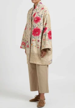 By Walid Silk Piano Shawl Basma Coat In Ivory & Pink Flowers