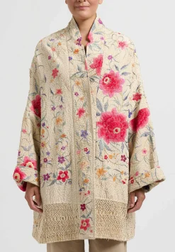 By Walid Silk Piano Shawl Basma Coat In Ivory & Pink Flowers
