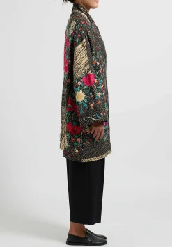 By Walid Silk Piano Shawl Basma Coat In Black & Pink Flowers