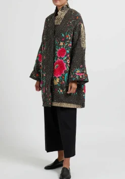 By Walid Silk Piano Shawl Basma Coat In Black & Pink Flowers