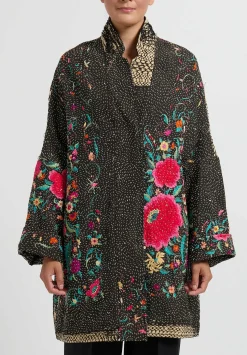 By Walid Silk Piano Shawl Basma Coat In Black & Pink Flowers