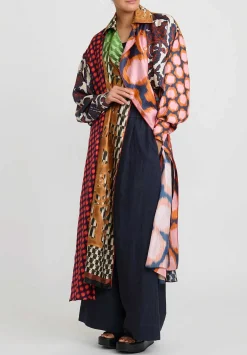 Biyan Silk Ryke Patchwork Print Coat In Copper & Yellow Multi