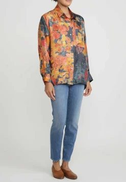 Bokja Silk Twill Blast Button Up Z Shirt In Orange & Blue