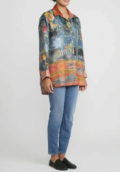 Bokja Silk Twill Regalia Button Up Z Shirt In Blue & Orange