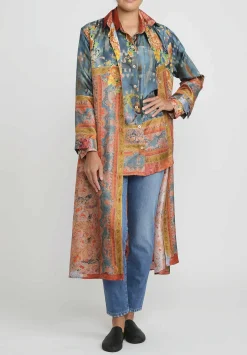 Bokja Silk Twill Regalia Button Up Z Shirt In Blue & Orange