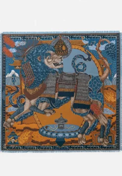 Sabina Savage Silk Twill The Snow Lion Scarf In Ice Blue & Fire