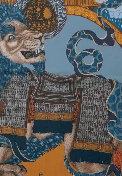 Sabina Savage Silk Twill The Snow Lion Scarf In Ice Blue & Fire