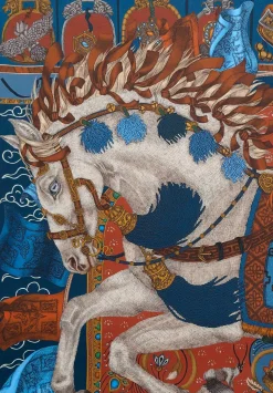 Sabina Savage Silk Twill The Wind Horse Scarf In Madder Red & Sky Blue