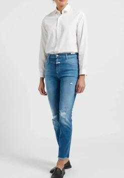 Closed Skinny ''Pedal Pusher'' Distressed High-Rise Jeans In Faded Mid Blue