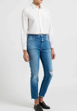 Closed Skinny ''Pedal Pusher'' Distressed High-Rise Jeans In Faded Mid Blue