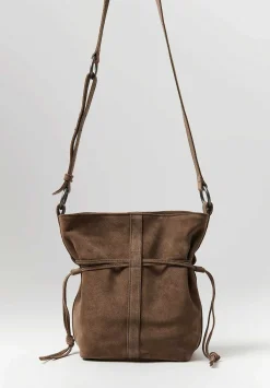 Corîu Suede Small Bucket Crossbody Bag In Taupe