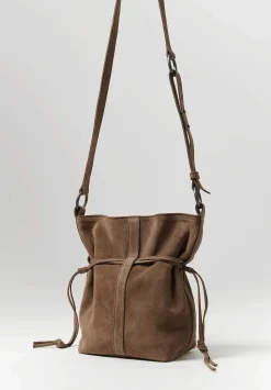Corîu Suede Small Bucket Crossbody Bag In Taupe
