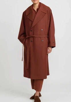 Lemaire Twill Double Breasted Overcoat In Cherry Mahogany