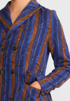 A Tentative Atelier Virgin Wool Jacquard Matilda Joslyn Drape Jacket In Royal Blue & Gold