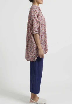 Daniela Gregis Washed Cotton Floral Kora Top In Blue, Red & Yellow