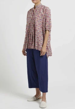 Daniela Gregis Washed Cotton Floral Kora Top In Blue, Red & Yellow