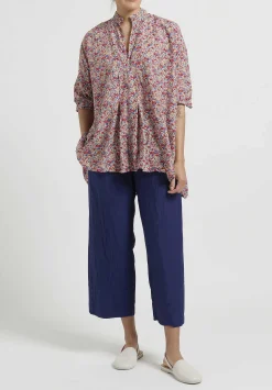 Daniela Gregis Washed Cotton Floral Kora Top In Blue, Red & Yellow