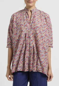 Daniela Gregis Washed Cotton Floral Kora Top In Blue, Red & Yellow