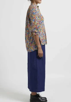 Daniela Gregis Washed Cotton Floral Kora Top In Blue, Red & Orange