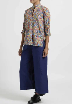 Daniela Gregis Washed Cotton Floral Kora Top In Blue, Red & Orange