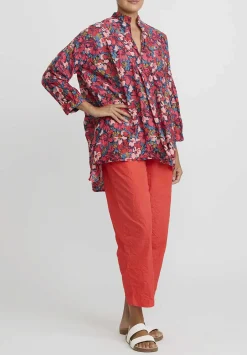 Daniela Gregis Washed Cotton Kora Top In Turquoise Blue & Pink Flowers