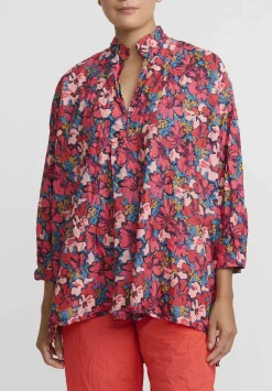Daniela Gregis Washed Cotton Kora Top In Turquoise Blue & Pink Flowers