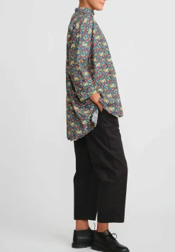 Daniela Gregis Washed Cotton Kora Top In Blue, Orange & Red Flowers