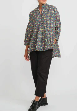 Daniela Gregis Washed Cotton Kora Top In Blue, Orange & Red Flowers