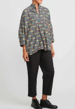 Daniela Gregis Washed Cotton Kora Top In Blue, Orange & Red Flowers